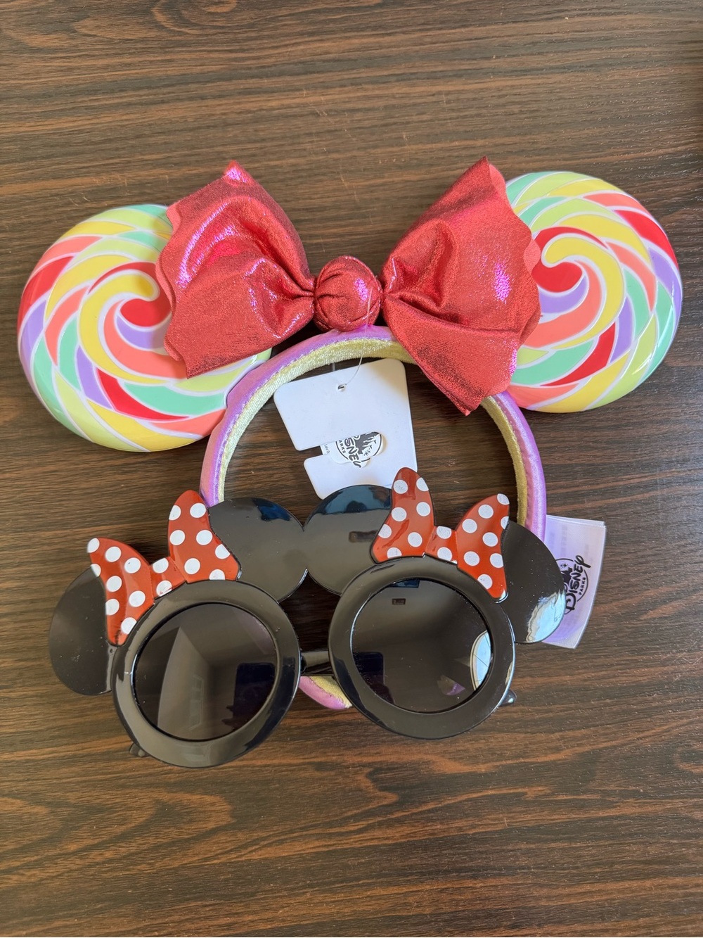 NWT Disney Pastel Pink Bow Girly Lollipop Minnie Mouse Ears & Sunglasses Set